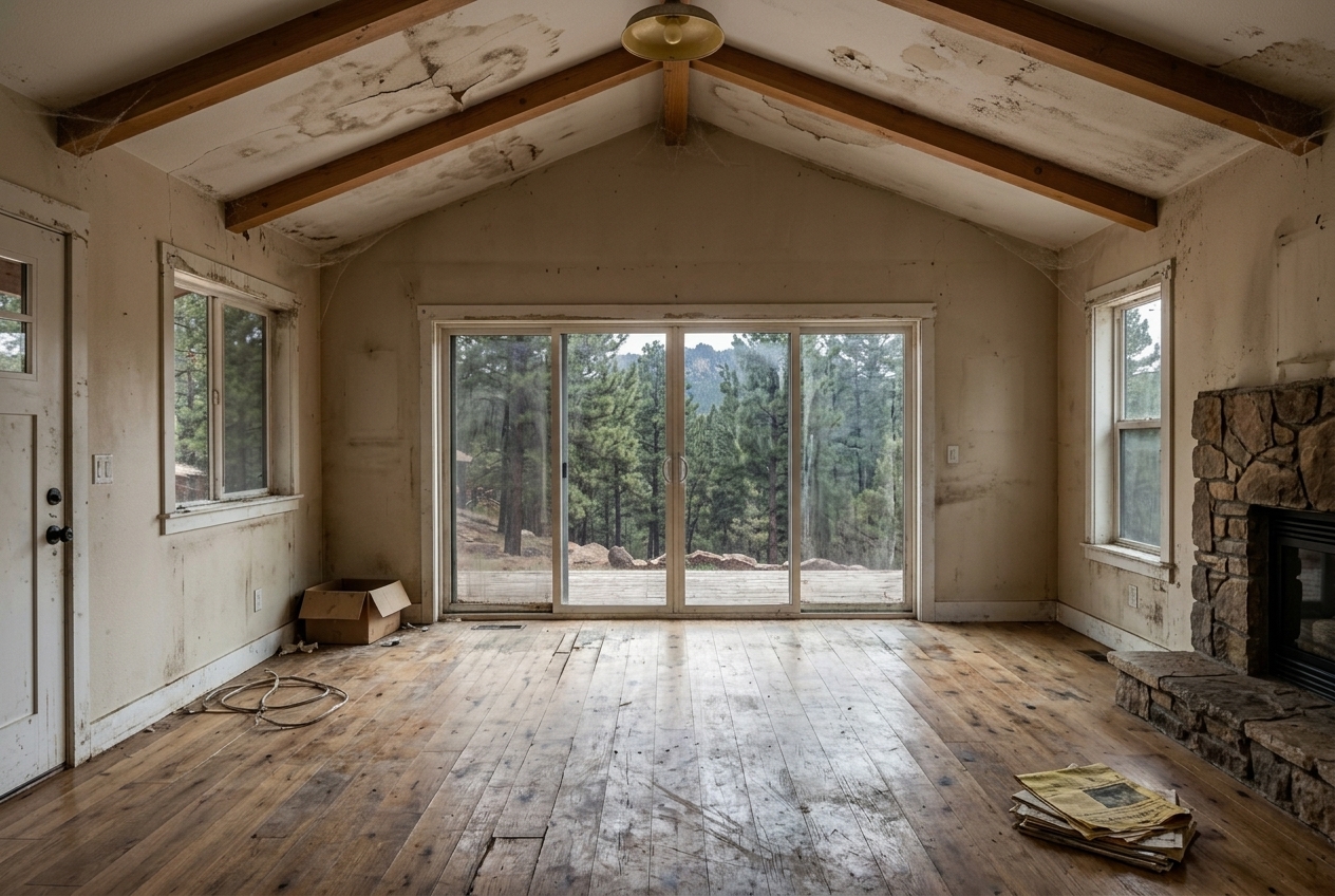 Worn cabin living room before repair